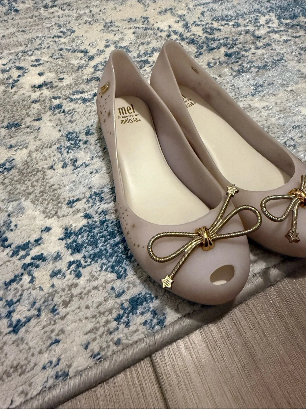 Melissa Girls Matte Beige Ballet Flats with Gold Bow Accents